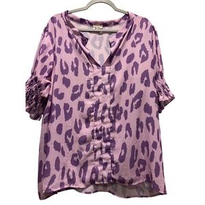 BIB! Women's Leopard Print Top Purple Lavender V-Neck Smocked Cuff XL